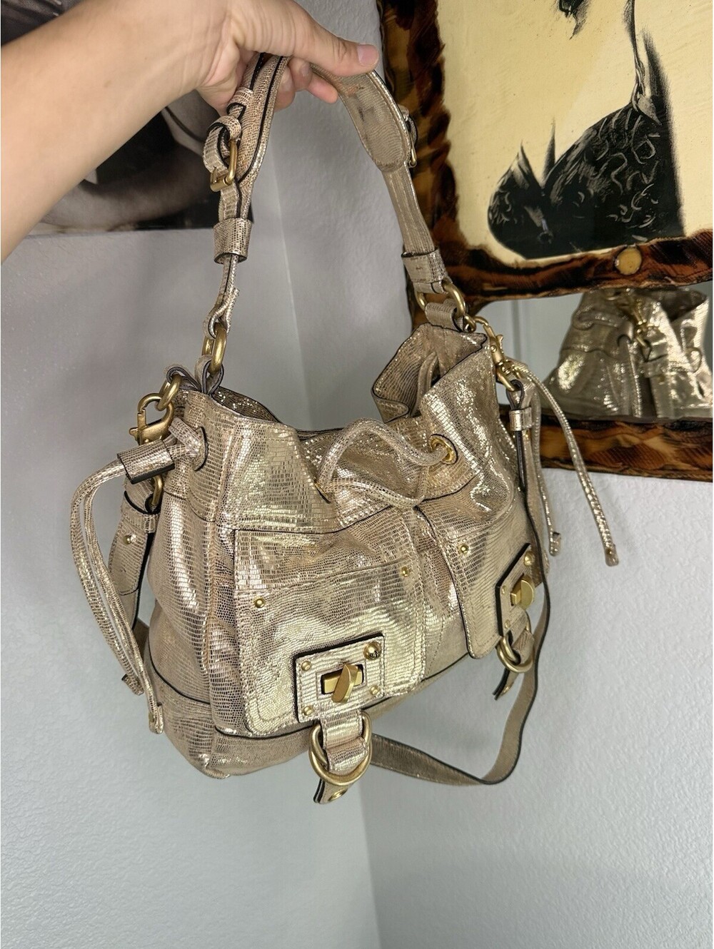 Vintage Y2K Juicy Couture Metallic Gold Leather Satchel Shoulder Bag
